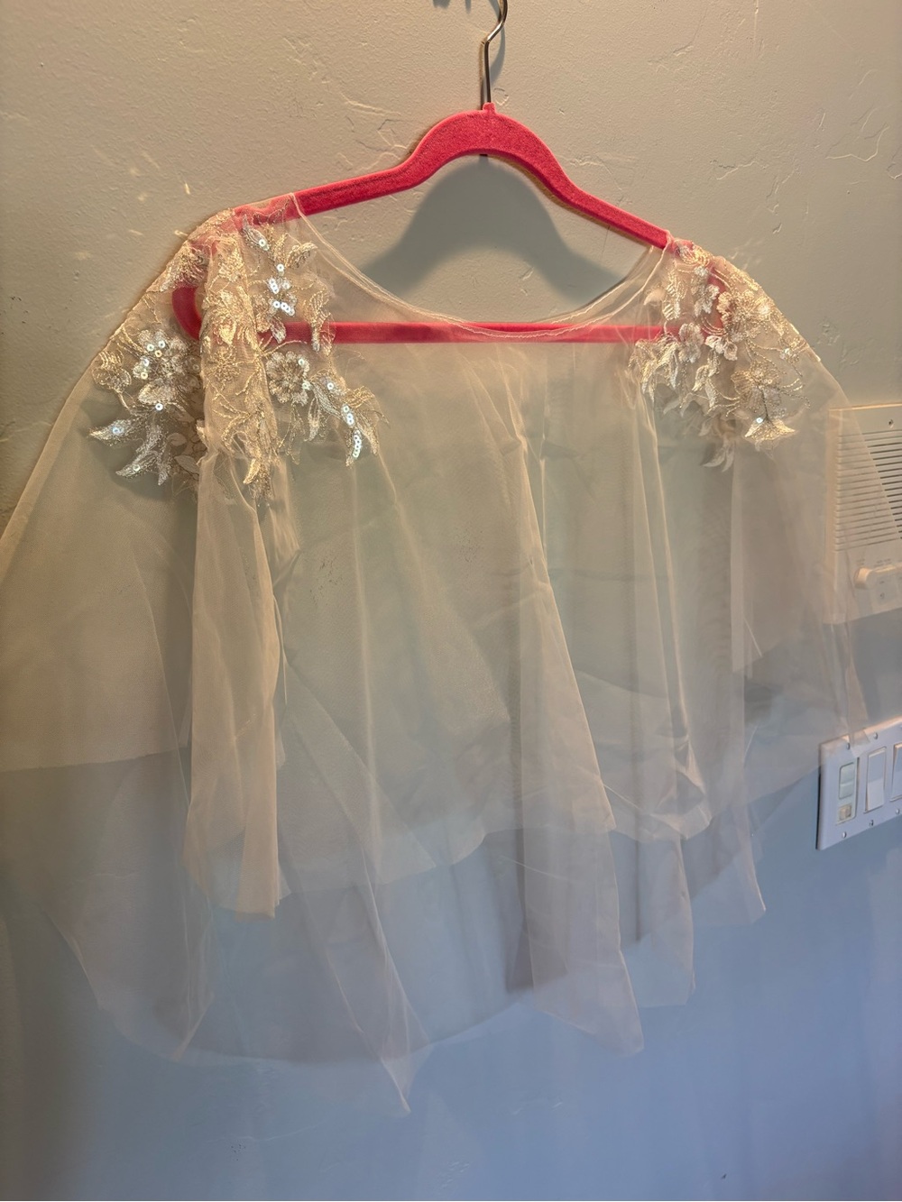 Embroidered Bridal Cape with Floral Lace Applique with Sequins - Cream/White - Picture 6 of 9